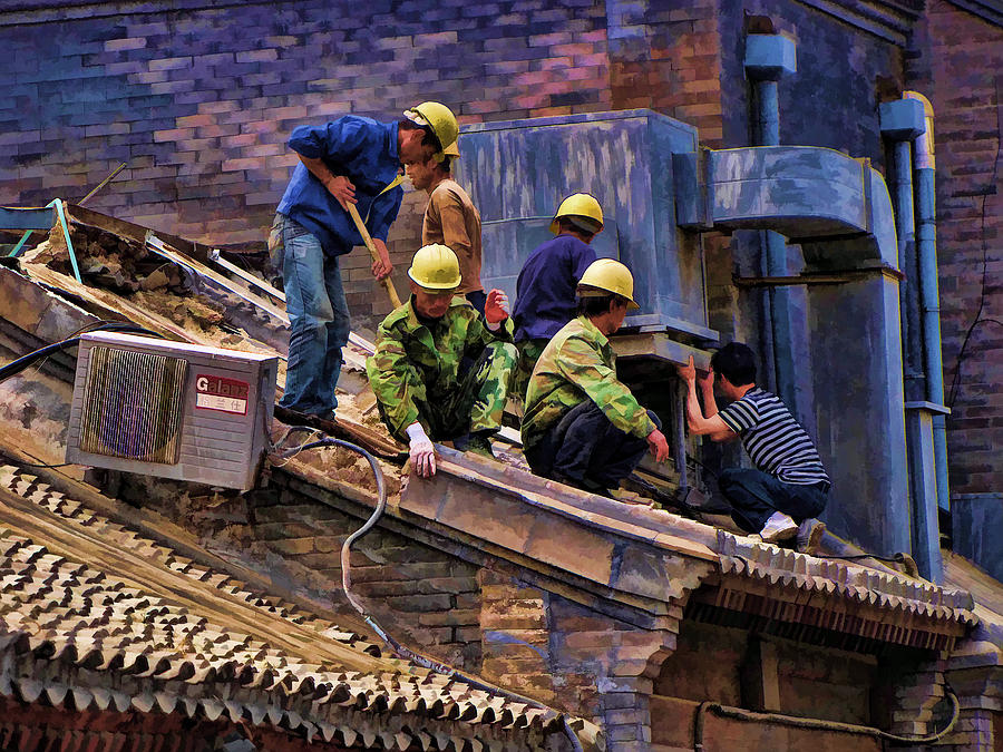 Chinese Roofers at Work 2 Photograph by Helaine Cummins