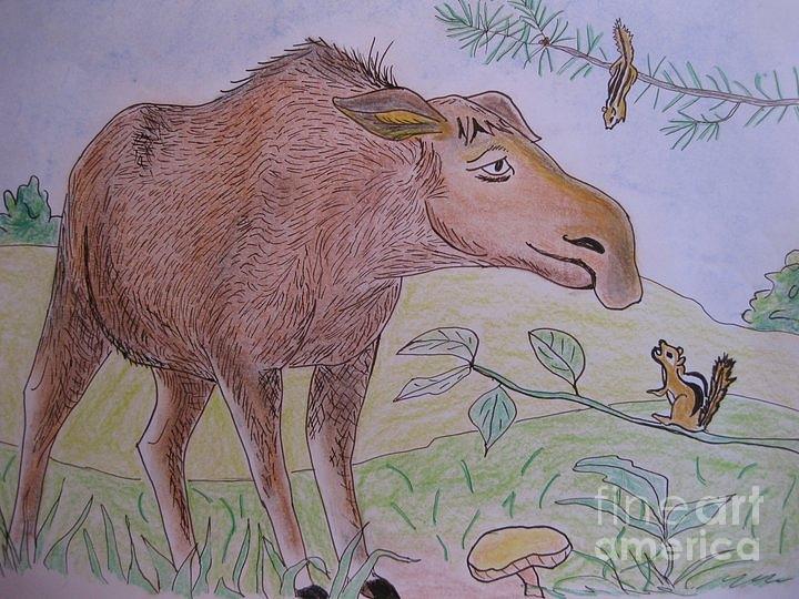 Moose Painting - Chipmunks Tease Mildred the Moose by Stella Sherman