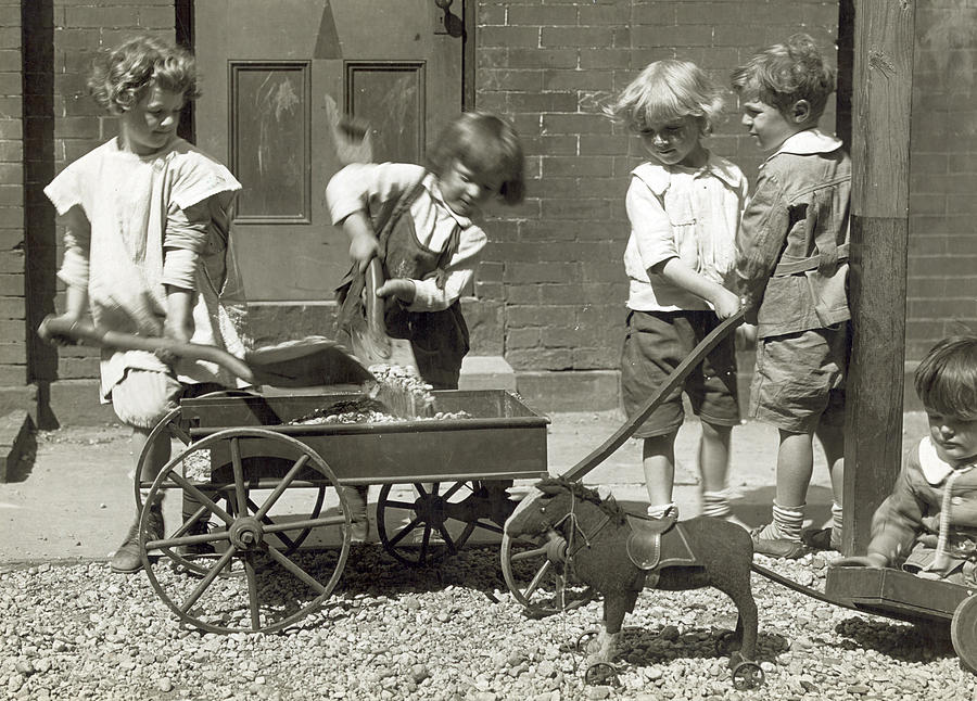 1910s Photograph - Chrildren Playing With Rocks, A Wagon by Everett
