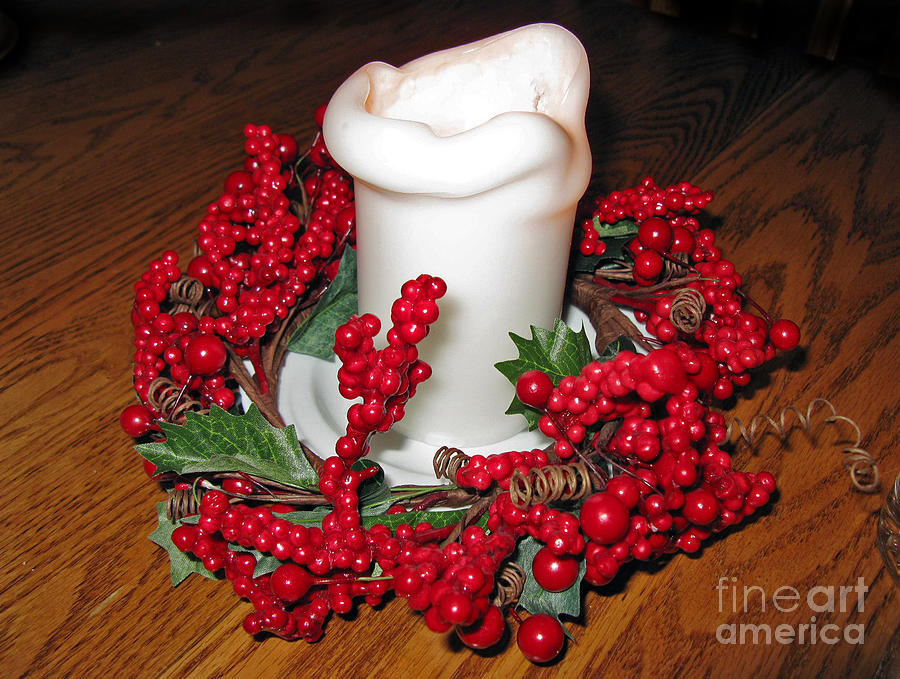Holiday Photograph - Christmas Composition. A White Candle And A Red Wreath by Ausra Huntington nee Paulauskaite