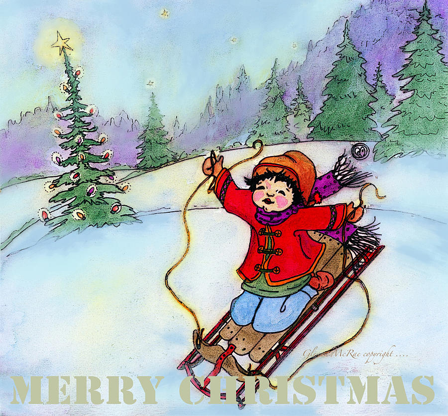 Winter Painting - Christmas Joy Child on Sled by Glenna McRae