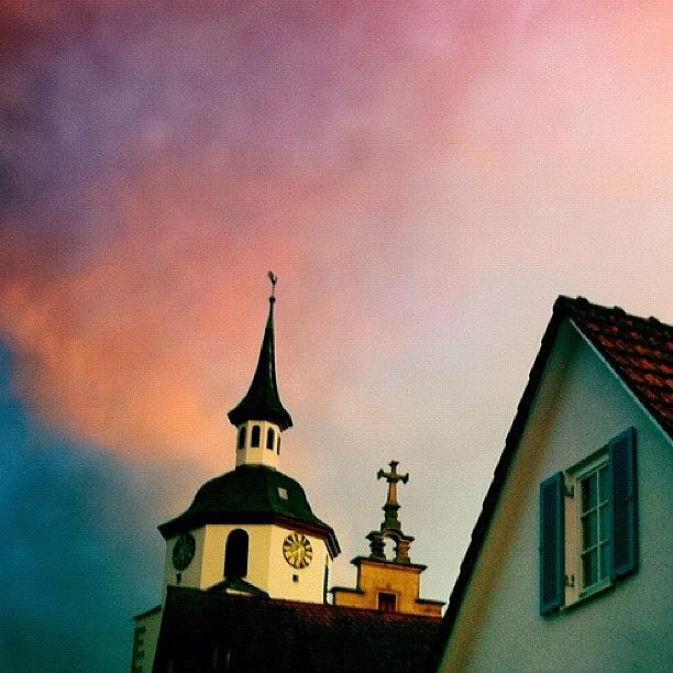 Sunset Photograph - Church and red sky at sunset by Matthias Hauser