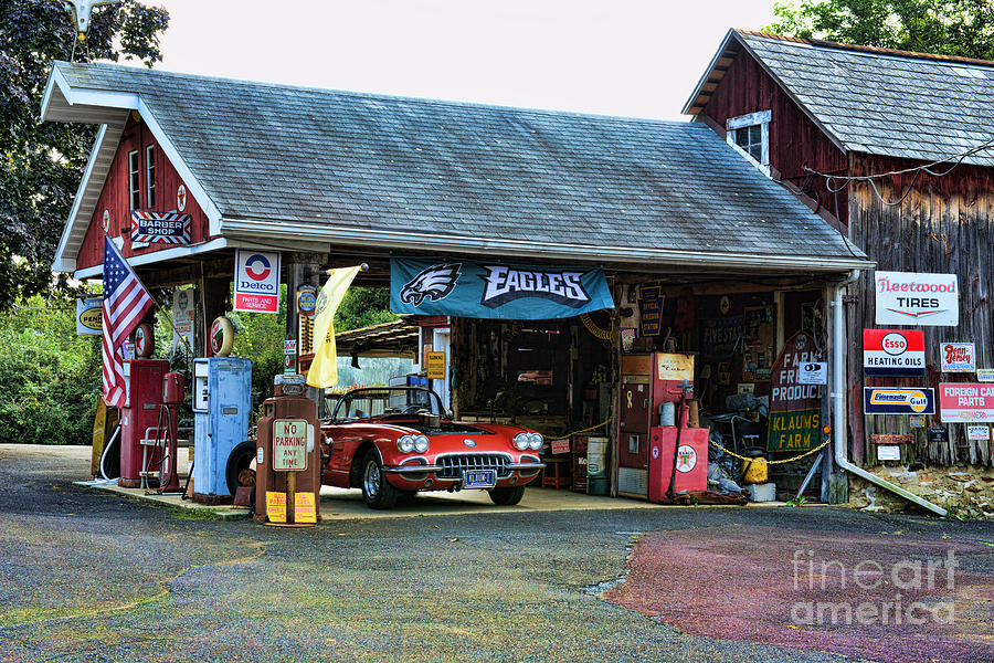Texaco Gas Pump Globe Photograph - Classic Corvette at the garage. by Paul Ward
