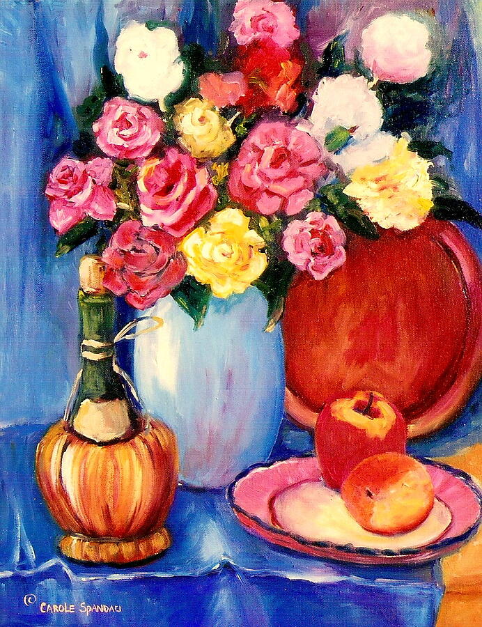 Classic Floral Still Life With Wine Bottle And Roses Painting by Carole Spandau