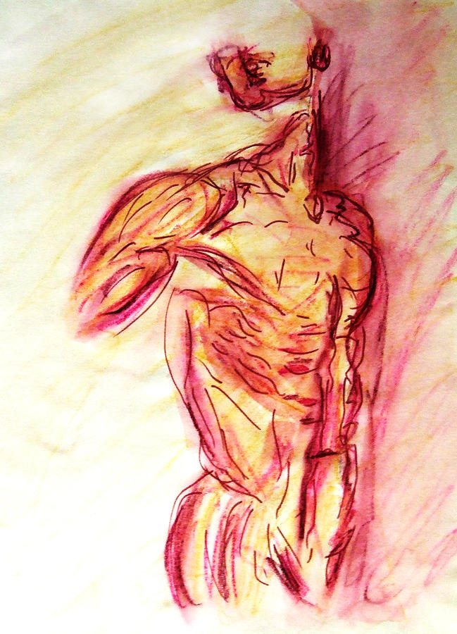 Classic Muscle Male Nude Looking Over Shoulder Sketch in a Sensual Primal Erotic Timeless Master Art Painting by M Zimmerman
