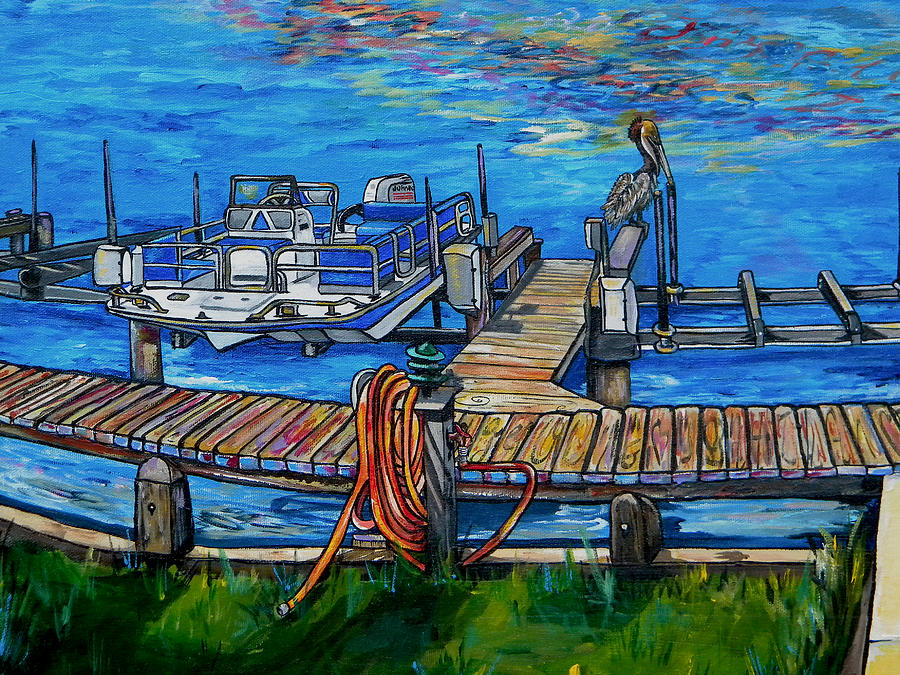 Close Up Of Pier And Boat And Pelican Painting by Patti Schermerhorn