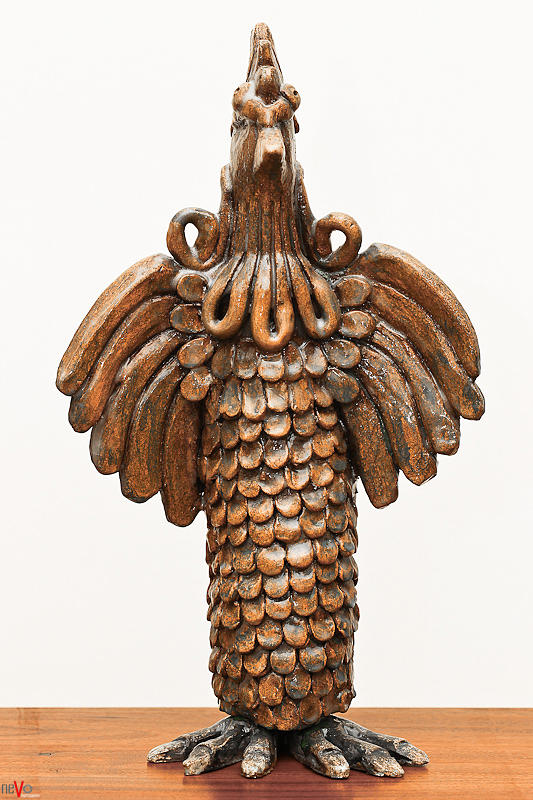 Cock Totem bronze gold color wings beak hair eyes scales feathers Sculpture by Rachel Hershkovitz