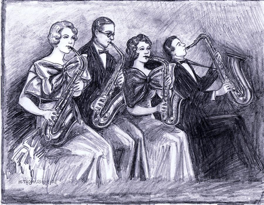 Black And White Drawing - Coed Saxophones by Mel Thompson