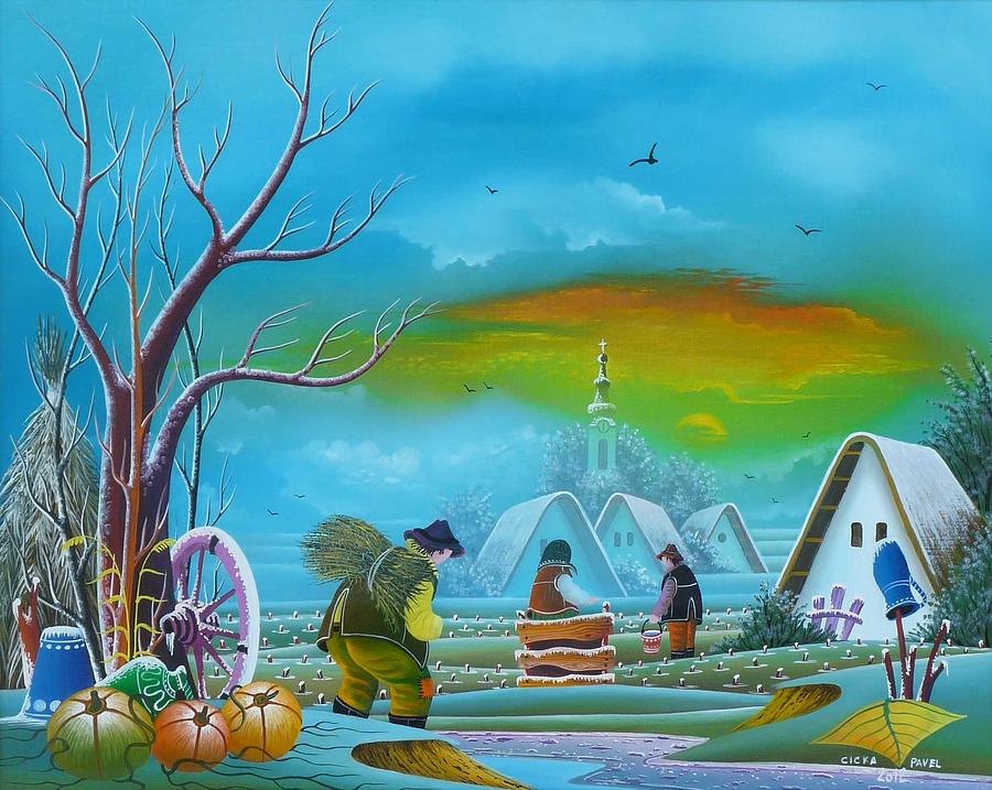 Naive Painting - Collecting wood by Pavel Cicka
