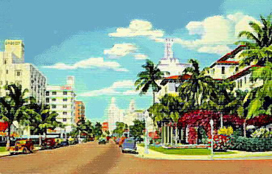 Collins Avenue Hotels In Miami Beach Fl 1949 Painting by Dwight Goss