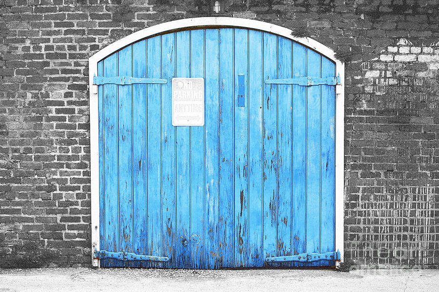 Colorful Blue Garage Door French Quarter New Orleans Color Splash Black and White and Film Grain Photograph by Shawn OBrien