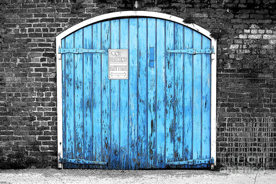Colorful Blue Garage Door French Quarter New Orleans Color Splash Black and White and Ink Outlines Photograph by Shawn OBrien