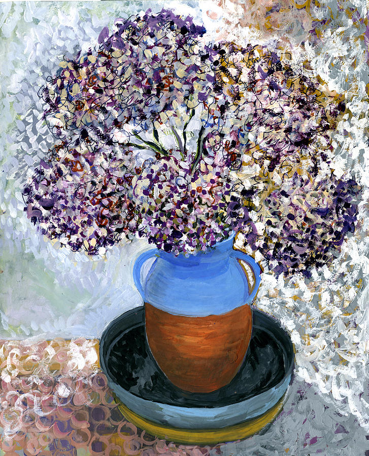 Colorful impression of purple flowers in blue brown ceramic vase yellow plate with green branches  Painting by Rachel Hershkovitz