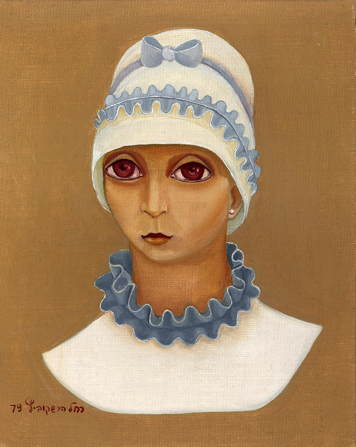 Colorful young woman brown eyes blue white hat collar  with ribbon small lips Painting by Rachel Hershkovitz
