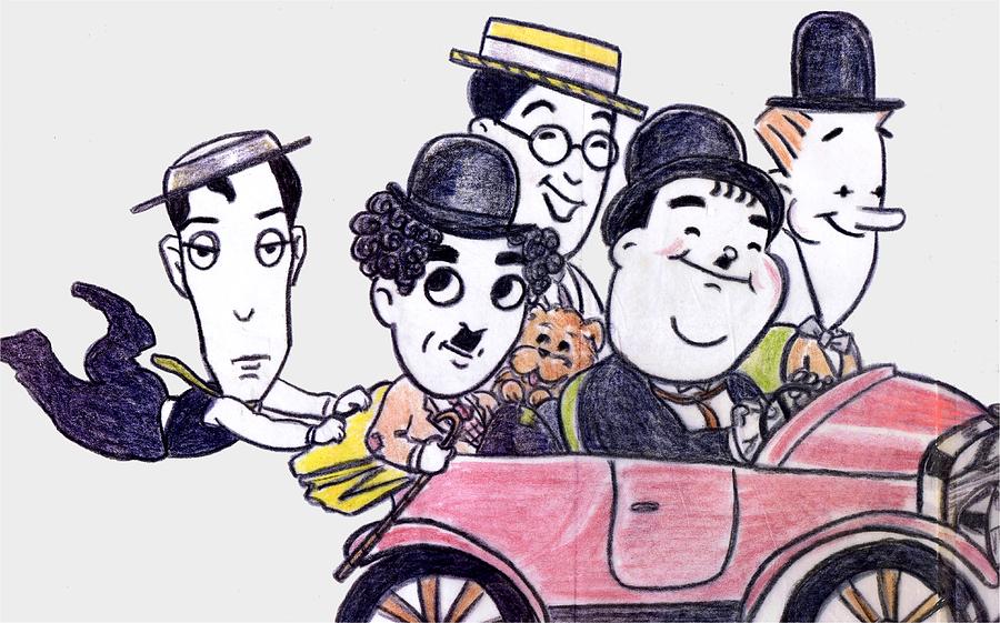Comedians in Model T Drawing by Mel Thompson