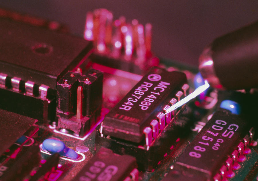 Spark Photograph - Computer Circuit Board Being Electrically-tested by Volker Steger