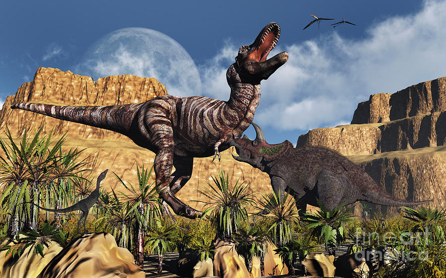 Dinosaur Digital Art - Confrontation Between Tyrannosaurus Rex by Mark Stevenson