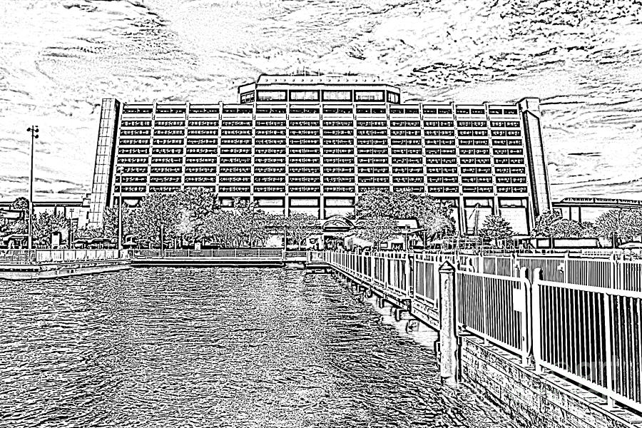 Contemporary Resort Profile Walt Disney World Prints Black and White Photocopy Digital Art by Shawn OBrien