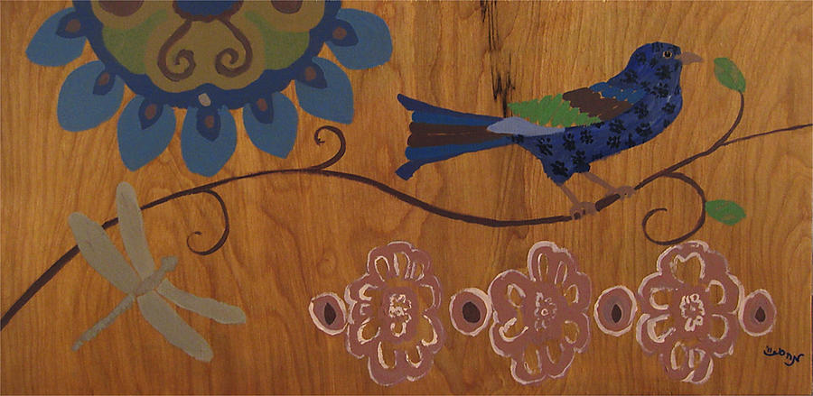Contemporary Whimsical Bird on a Wire in Pastel-Like Colors with Flowers and Dragonfly Mixed Media by M Zimmerman