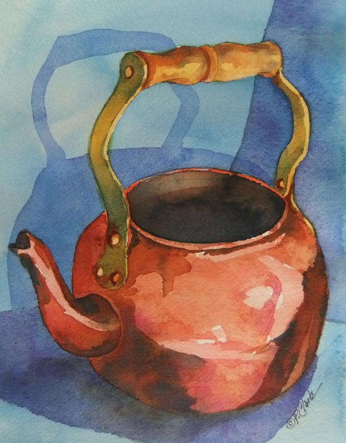 Teapot Painting - Copper Teapot on Blue by Donna Pierce-Clark