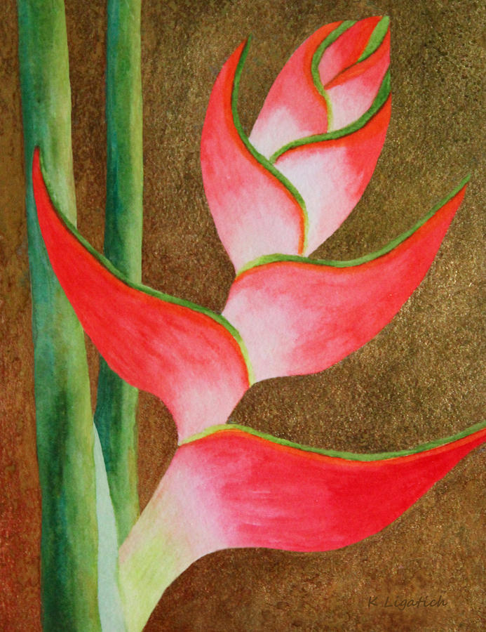 Coral Lobster Claw Heliconia with Gold Leaf Painting by Kerri Ligatich