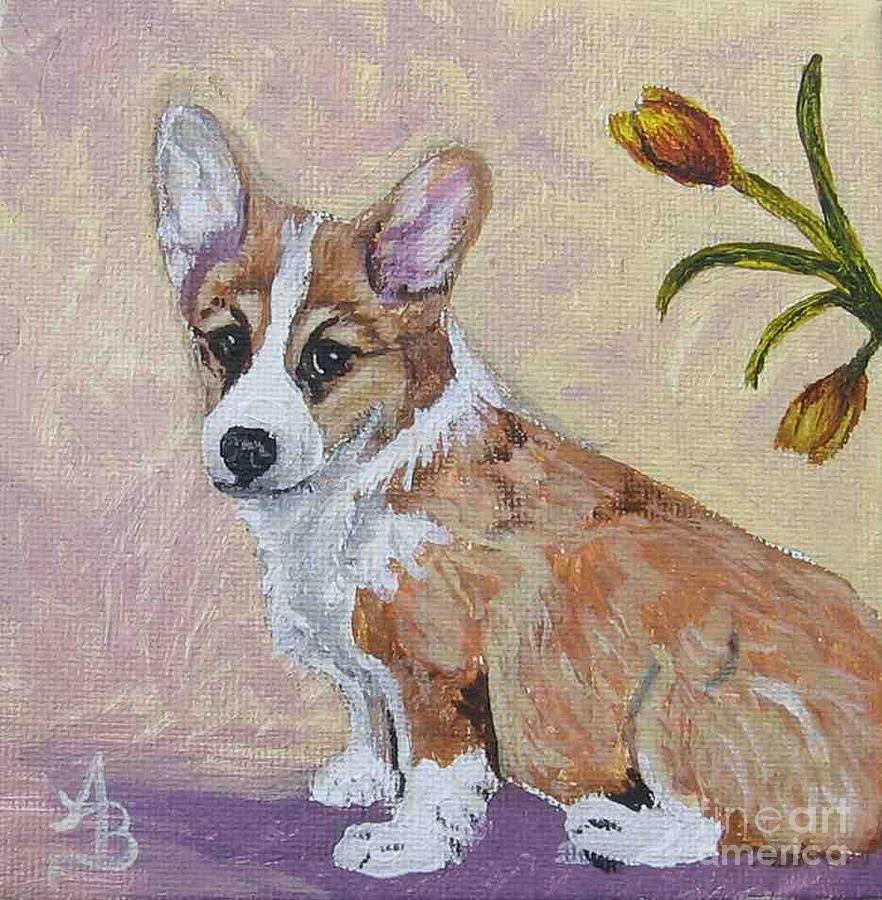 Flower Painting - Corgi Puppy with Tulips by Ann Becker