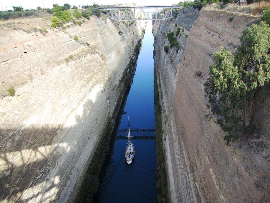 Corinth Canal Bridge Crossing and Sailboat in Greece Photograph by John Shiron