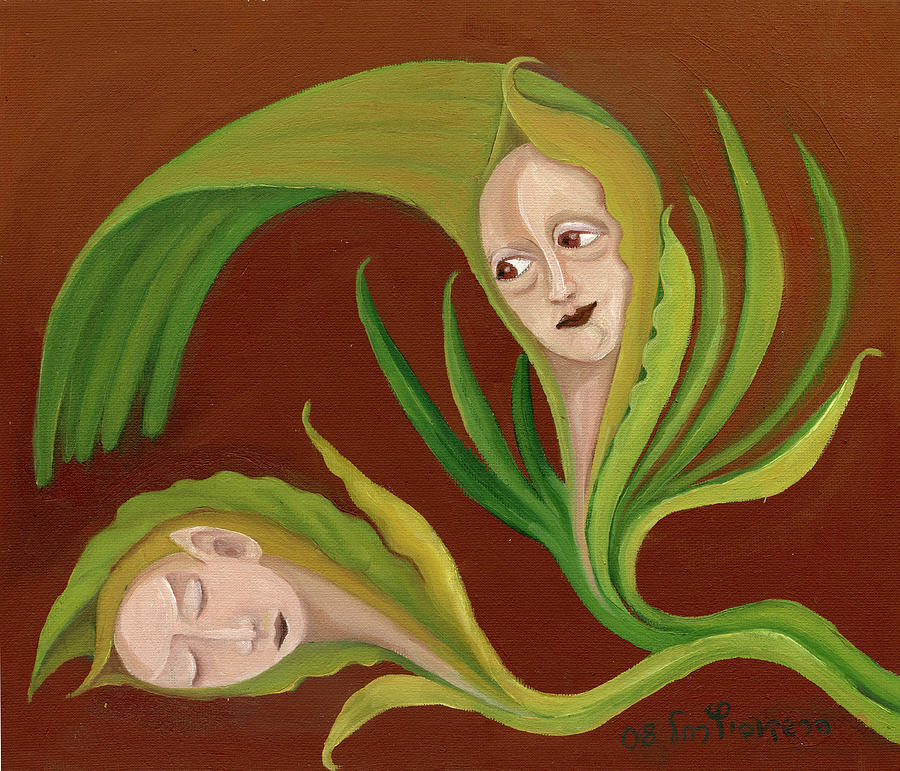 Corn love fantastic realism faces in green corn leaves sleeping or dead loving or mourning gree Painting by Rachel Hershkovitz