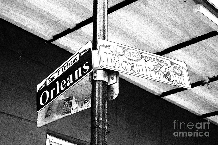 Corner of Bourbon and Orleans Sign French Quarter New Orleans Black and White Fresco Digital Art  Digital Art by Shawn OBrien