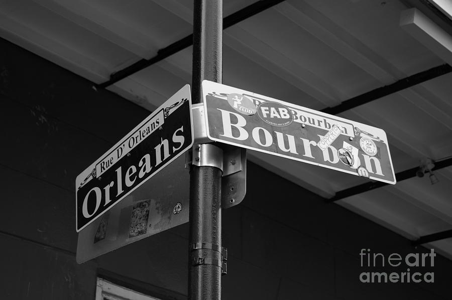 Corner of Bourbon Street and Orleans Sign French Quarter New Orleans Black and White Photograph by Shawn OBrien