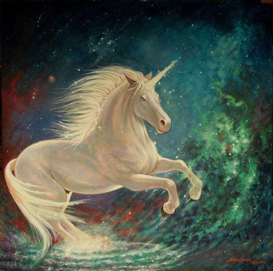 White Unicorn Painting - Cosmic Unicorn by Silvia  Duran