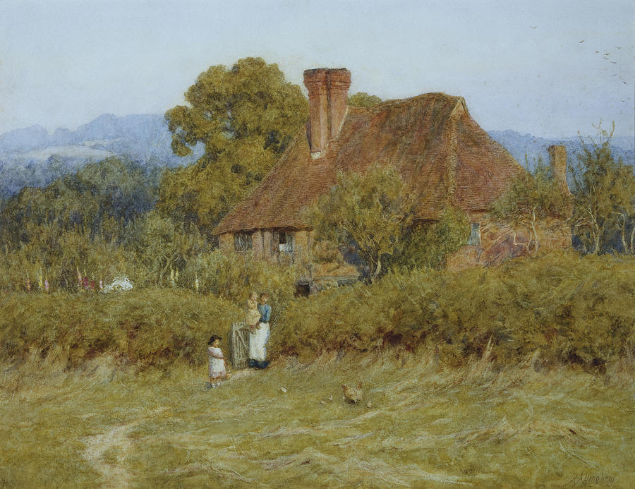 Architecture Painting - Cottage at Broadham Green Surrey in Sunset Light by Helen Allingham
