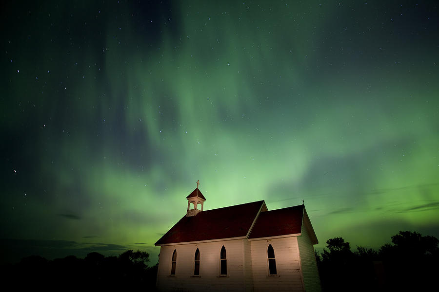 Country Church and Northern Lights Photograph by Mark Duffy