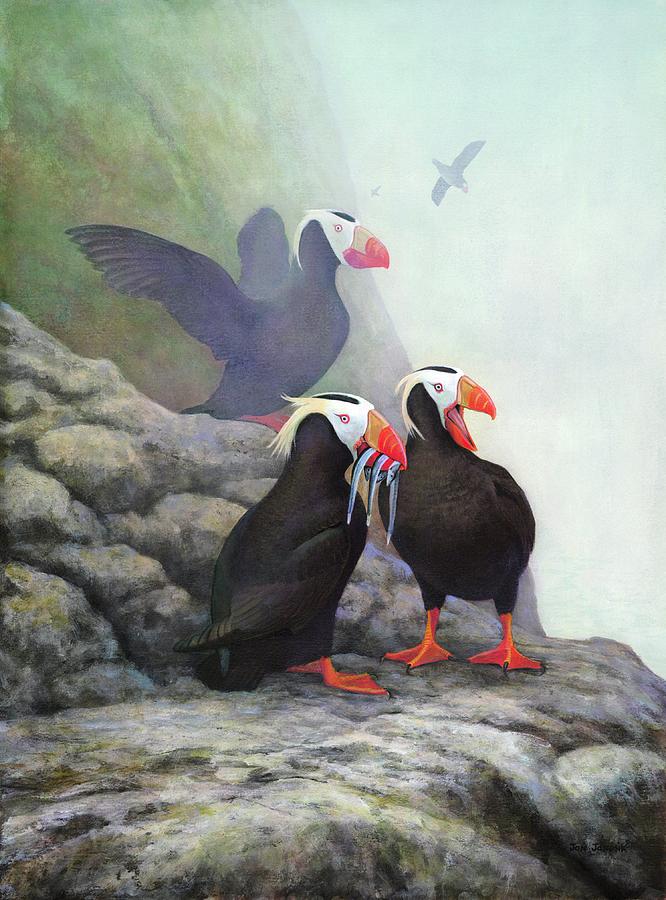 Courting Tufted Puffins Painting by Jon Janosik