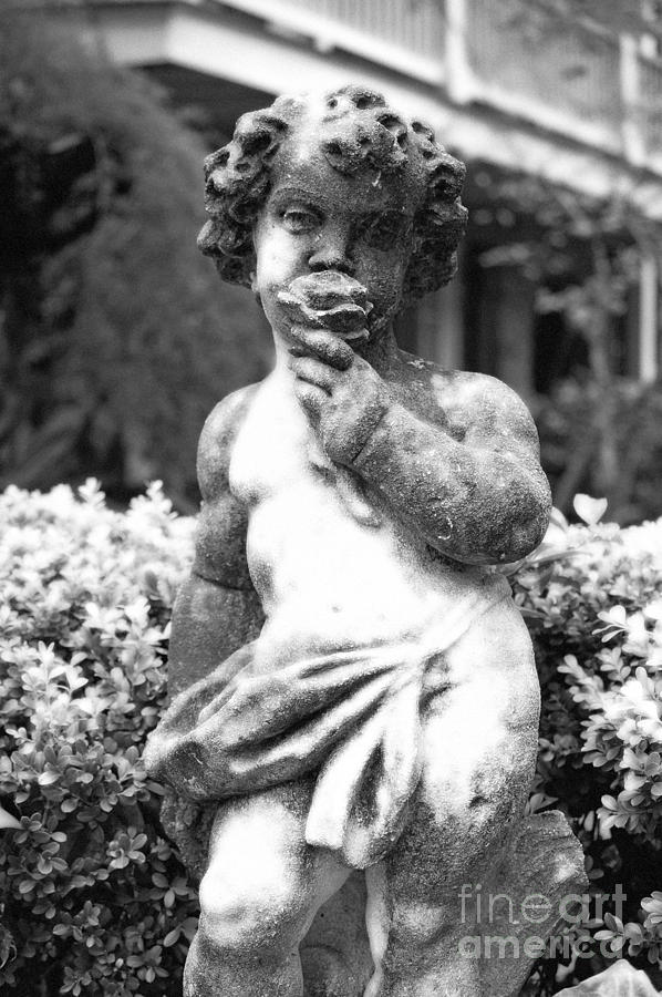 Black And White Digital Art - Courtyard Statue of a Cherub French Quarter New Orleans Black and White Diffuse Glow Digital Art by Shawn OBrien
