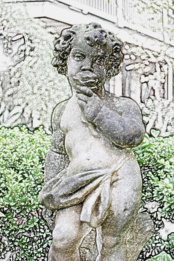 Courtyard Statue of a Cherub Smelling a Rose French Quarter New Orleans Colored Pencil Digital Art Digital Art by Shawn OBrien