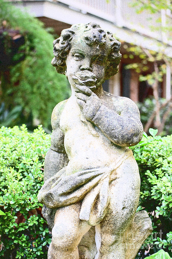 Courtyard Statue of a Cherub Smelling a Rose French Quarter New Orleans Film Grain Digital Art Digital Art by Shawn OBrien