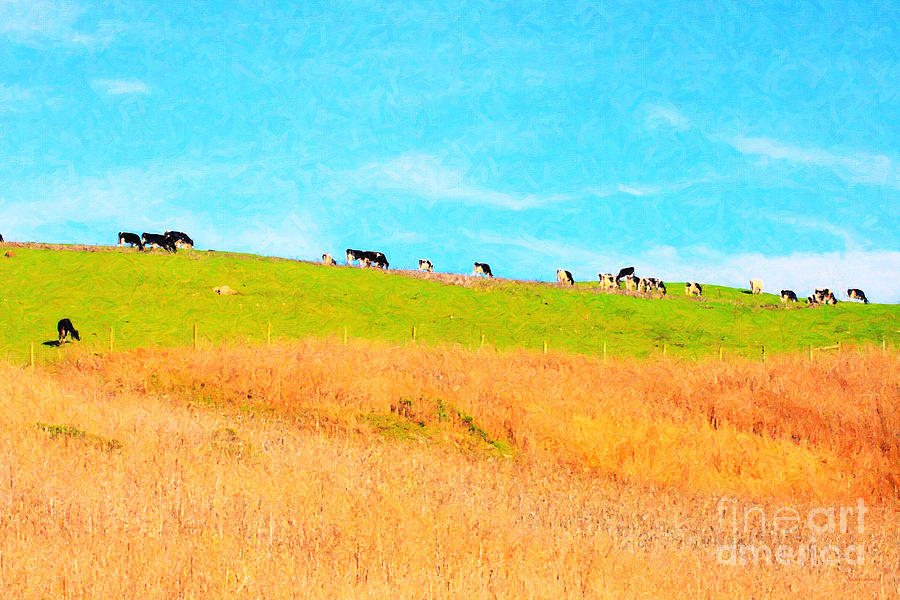 Cows On A Hill . 40D3430 . Painterly Photograph by Wingsdomain Art and Photography