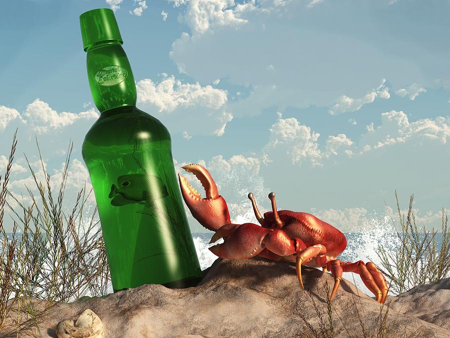 Crab with Bottle on the Beach Digital Art by Daniel Eskridge