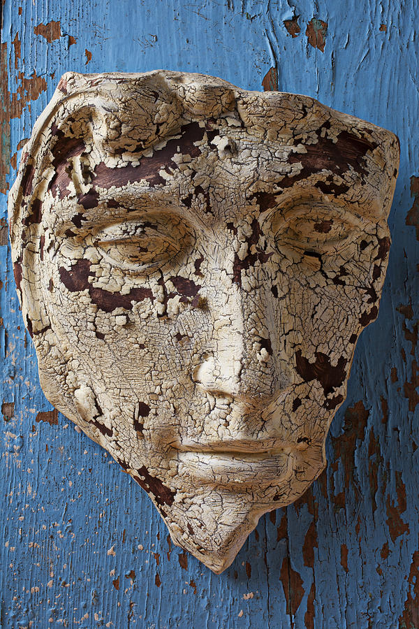 Still Life Photograph - Cracked Face On Blue Wall by Garry Gay