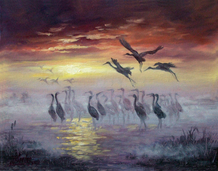 Cranes- misty morning Painting by Irek Szelag