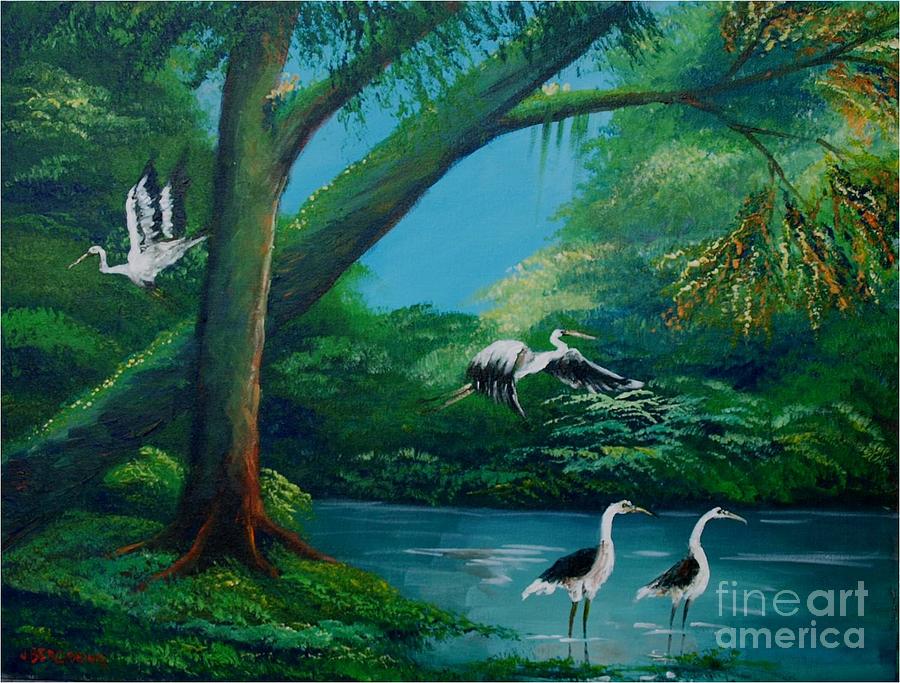 Cranes on the swamp Painting by Jean Pierre Bergoeing