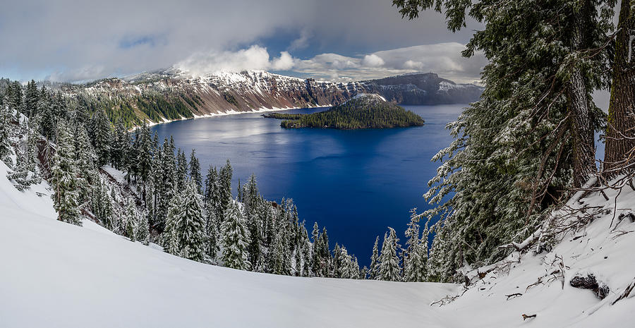 National Parks Photograph - Crater Lake and Fresh Snow Panorama by Greg Nyquist