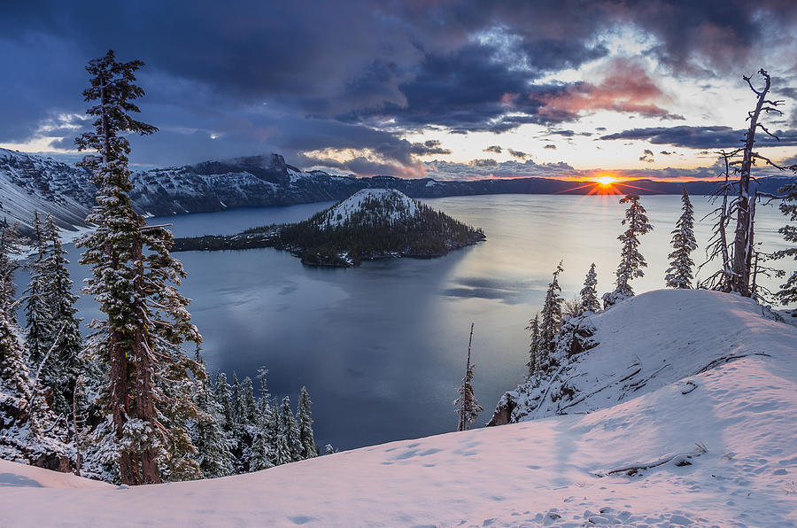 Crater Lake Snow Sunrise Photograph by Greg Nyquist
