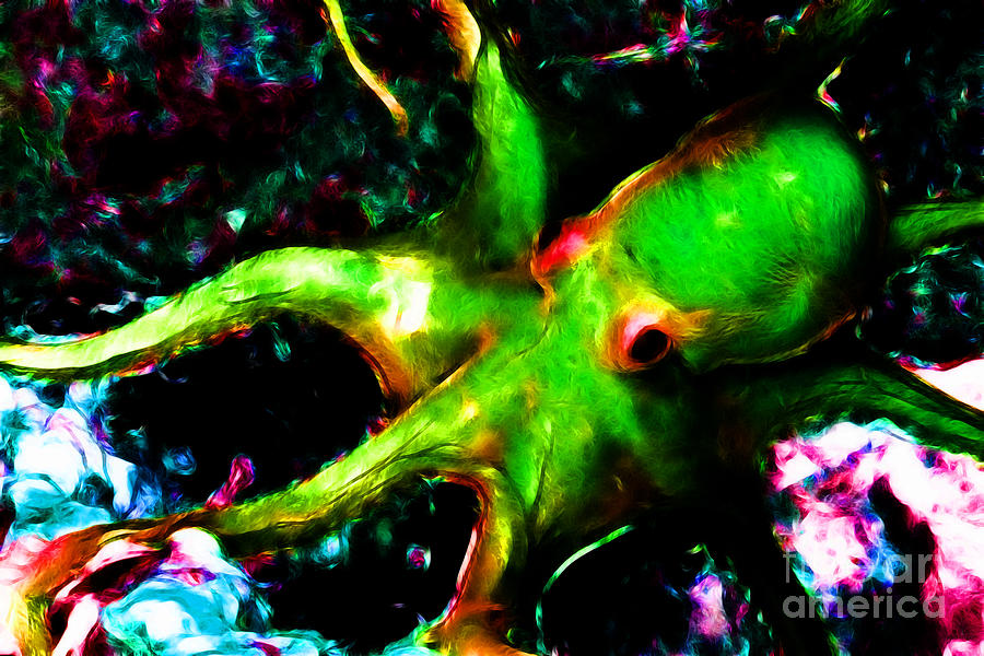 Creatures of The Deep - The Octopus - v3 - Electric - Green Photograph by Wingsdomain Art and Photography