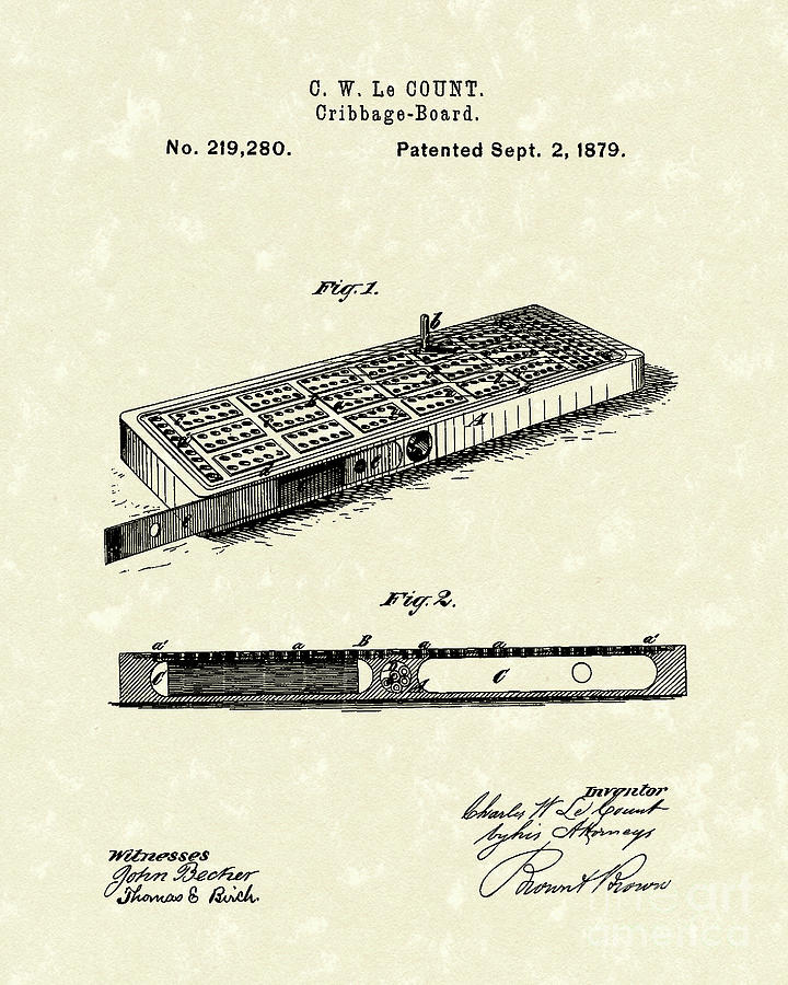 Cribbage Board 1879 Patent Art Drawing by Prior Art Design