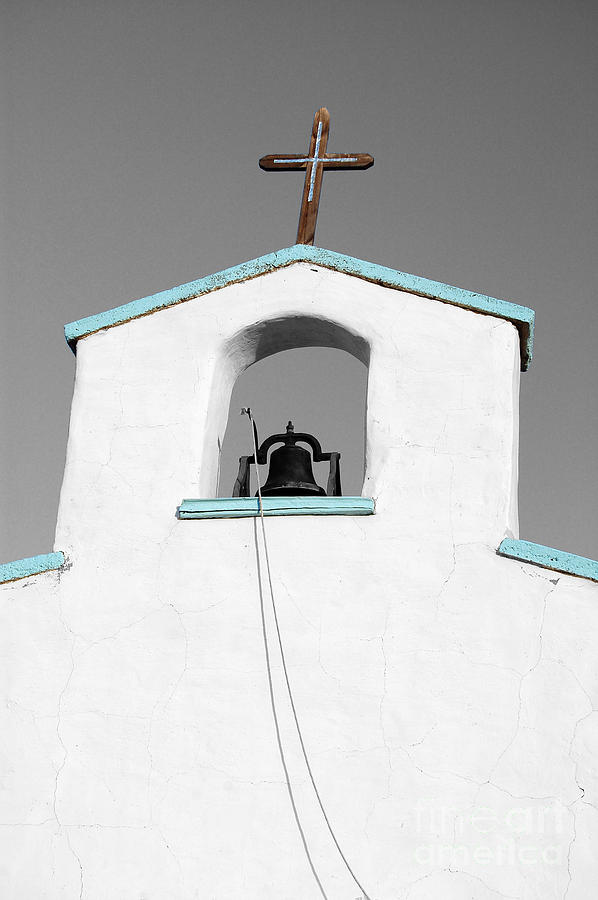 Cross and Steeple Bell of Calera Church in West Texas Color Splash Black and White Photograph by Shawn OBrien