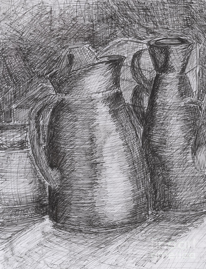 Cross Hatched Jug And Watering Can Drawing by Kieran Dobinson