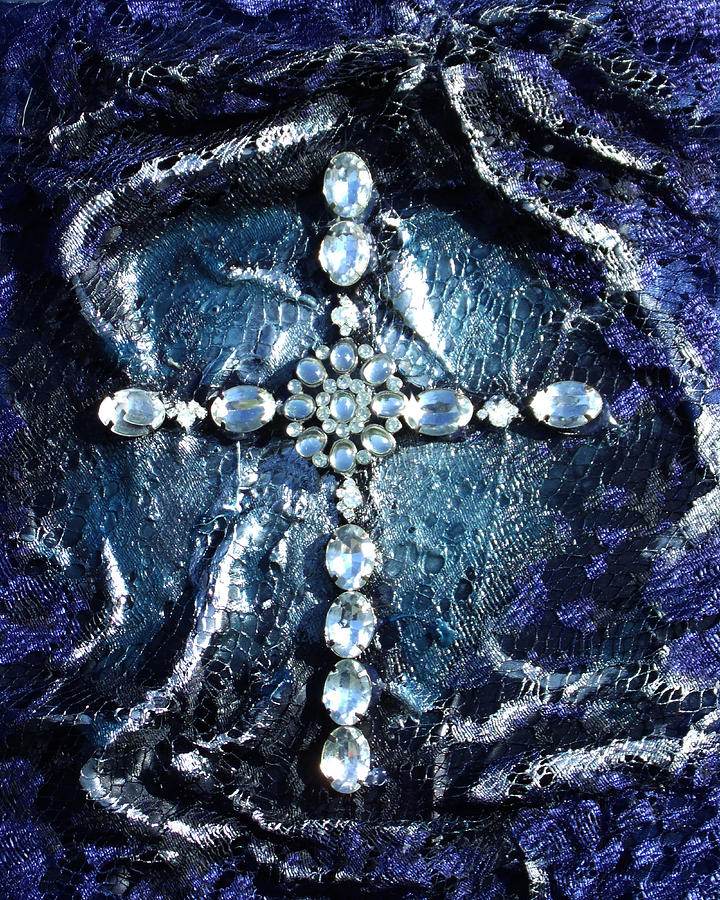Lace Mixed Media - Cross With Siver by Angela Stout