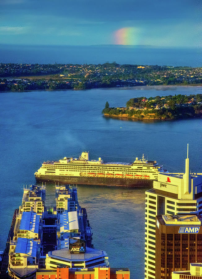 Cruise Ship with Rainbow at Sunset Photograph by Harry Strharsky